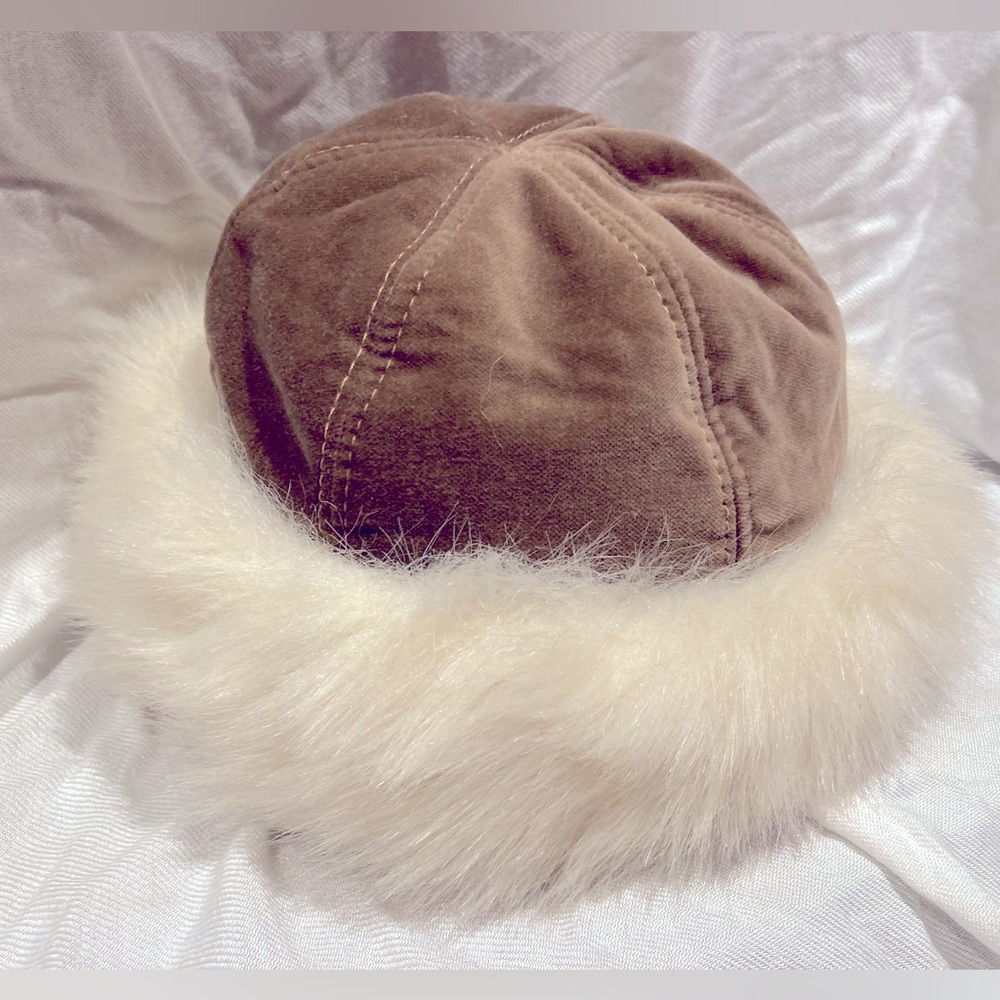 *3 for $20* PRICE DROP! Winter Hat, Golden Brown Velvet Cap, Ivory Faux Fur Trim - Picture 2 of 9